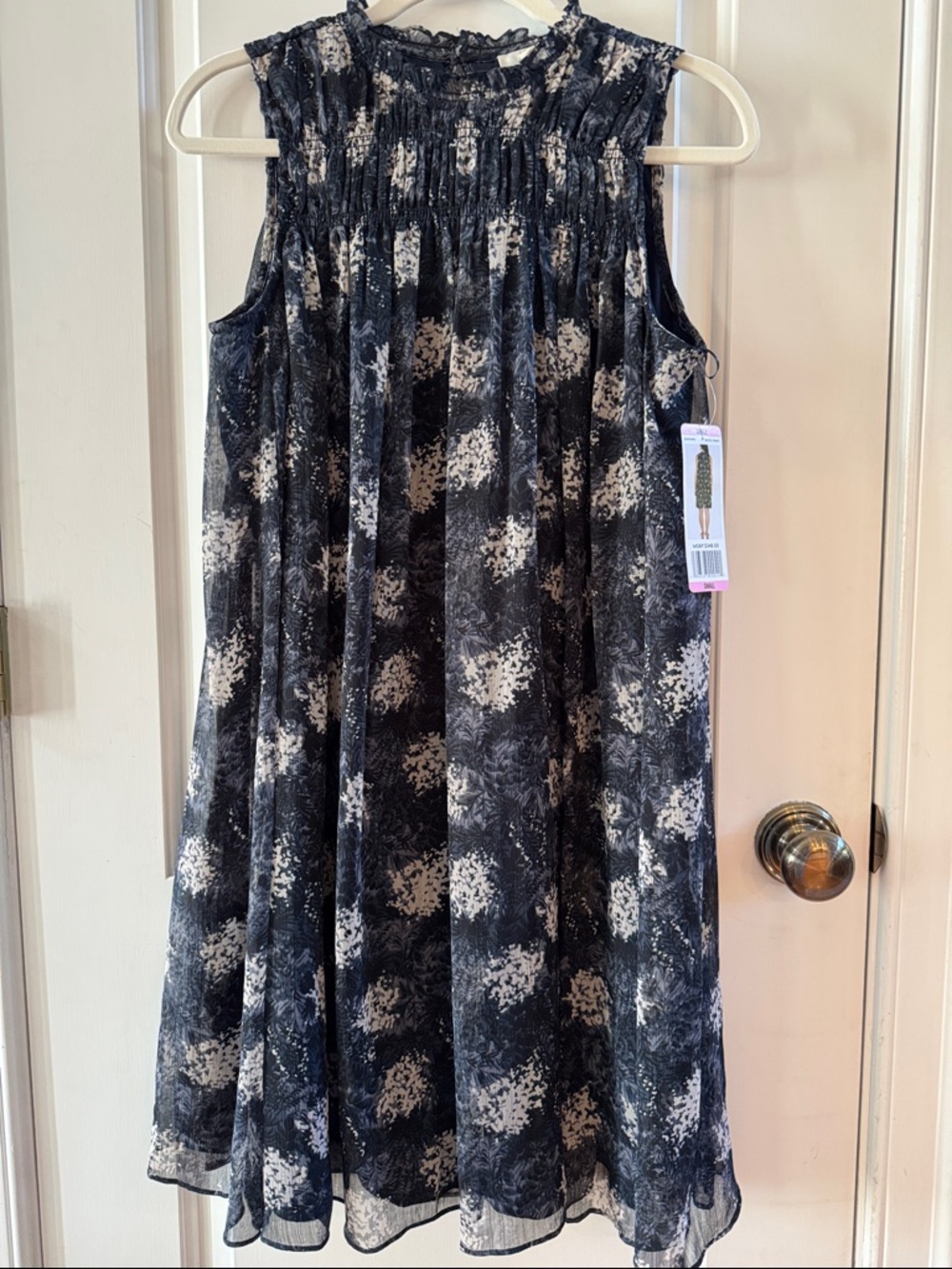 Joie Navy & White “Baltic Print” Floral Smocked Neck Mini Dress